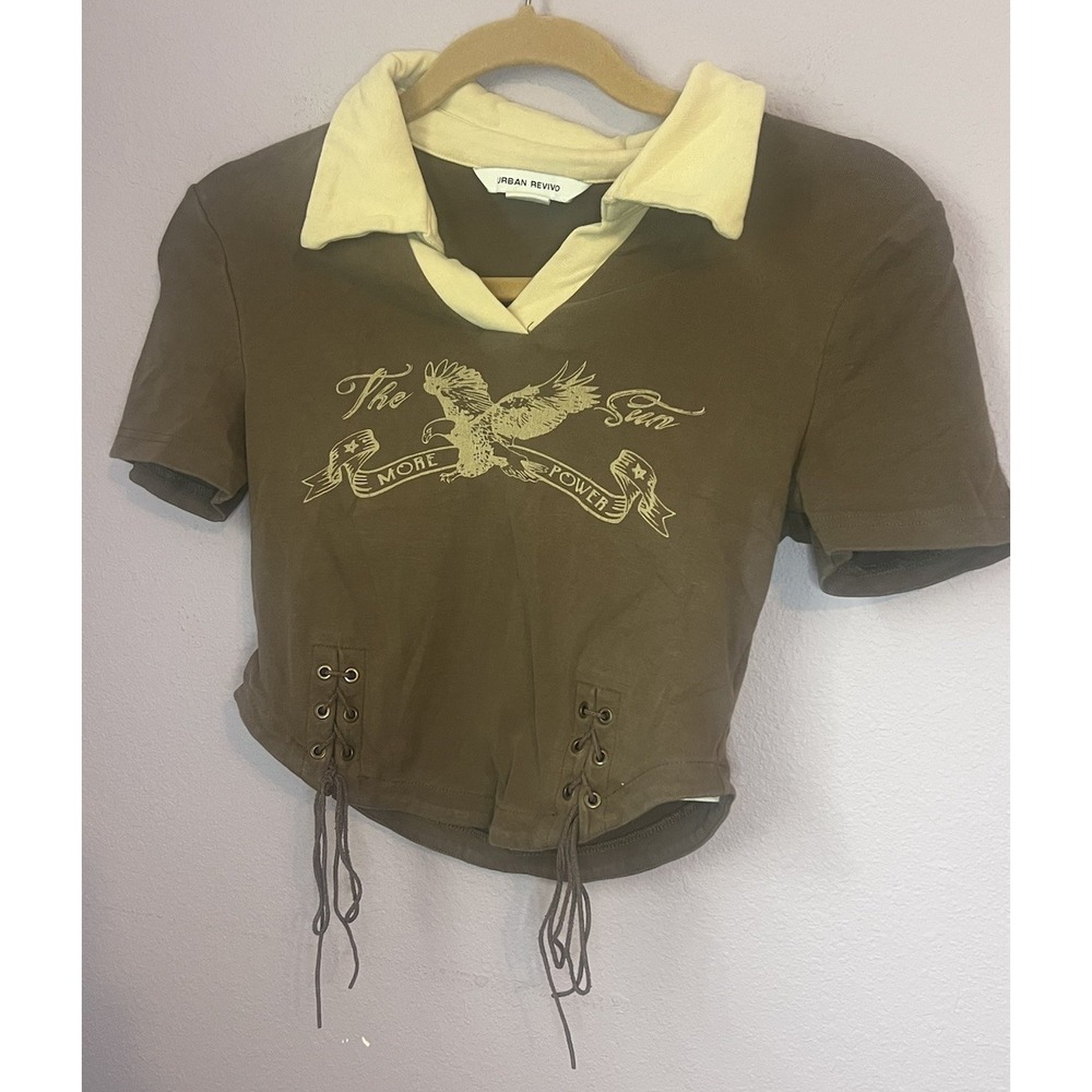 Urban Revivo Contrast Collar Eagle Graphic Lace Up Crop Top Size 6 Small